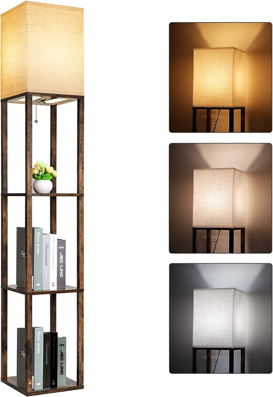 Modern Floor Lamp with Shelves - Versatile Display Storage Solution, 3 Color Temperature Wood Narrow Corner Lamp with 8W Bulb for Living Room, Bedroom, and Office Decor (Brown)